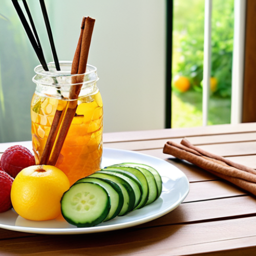 A beautifully composed still life featuring a vibrant plate of fresh fruit skewers, lightly drizzled with honey and cinnamon. Beside it, a tall, frosted glass holds a refreshing cucumber and mint infused water. The setting is bathed in soft, natural light, emphasizing a sense of freshness, health, and elegant simplicity. Focus on crisp textures and bright colors.