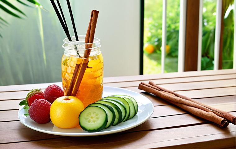 A beautifully composed still life featuring a vibrant plate of fresh fruit skewers, lightly drizzled with honey and cinnamon. Beside it, a tall, frosted glass holds a refreshing cucumber and mint infused water. The setting is bathed in soft, natural light, emphasizing a sense of freshness, health, and elegant simplicity. Focus on crisp textures and bright colors.