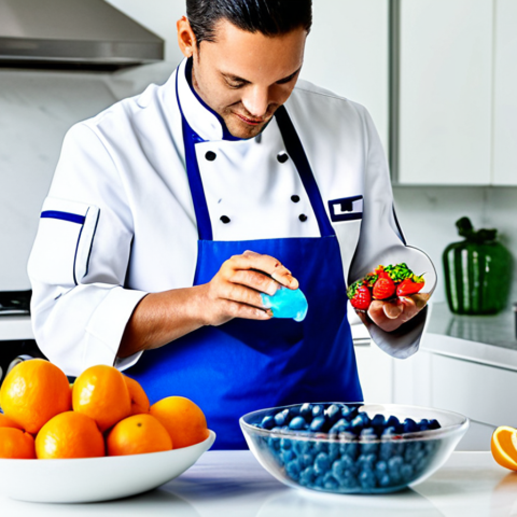 **A professional chef, fully clothed in a modest, clean chef's jacket, stands in a brightly lit, modern kitchen.** The chef, with perfect anatomy and natural proportions, is carefully pouring vibrant blue Gatorade from a bottle into a mixing bowl. On the pristine white countertop, an assortment of fresh, colorful fruits like strawberries, blueberries, and citrus slices are neatly arranged alongside bowls of gelatin powder, symbolizing the innovative creation of healthy desserts. The scene captures a moment of thoughtful culinary experimentation. Appropriate attire, safe for work, appropriate content, family-friendly, natural pose, well-formed hands, proper finger count, professional photography, high quality.