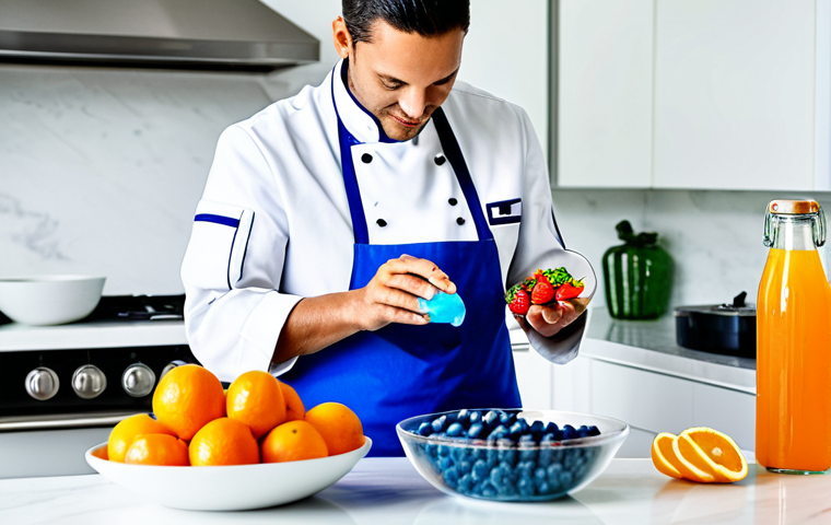 **A professional chef, fully clothed in a modest, clean chef's jacket, stands in a brightly lit, modern kitchen.** The chef, with perfect anatomy and natural proportions, is carefully pouring vibrant blue Gatorade from a bottle into a mixing bowl. On the pristine white countertop, an assortment of fresh, colorful fruits like strawberries, blueberries, and citrus slices are neatly arranged alongside bowls of gelatin powder, symbolizing the innovative creation of healthy desserts. The scene captures a moment of thoughtful culinary experimentation. Appropriate attire, safe for work, appropriate content, family-friendly, natural pose, well-formed hands, proper finger count, professional photography, high quality.