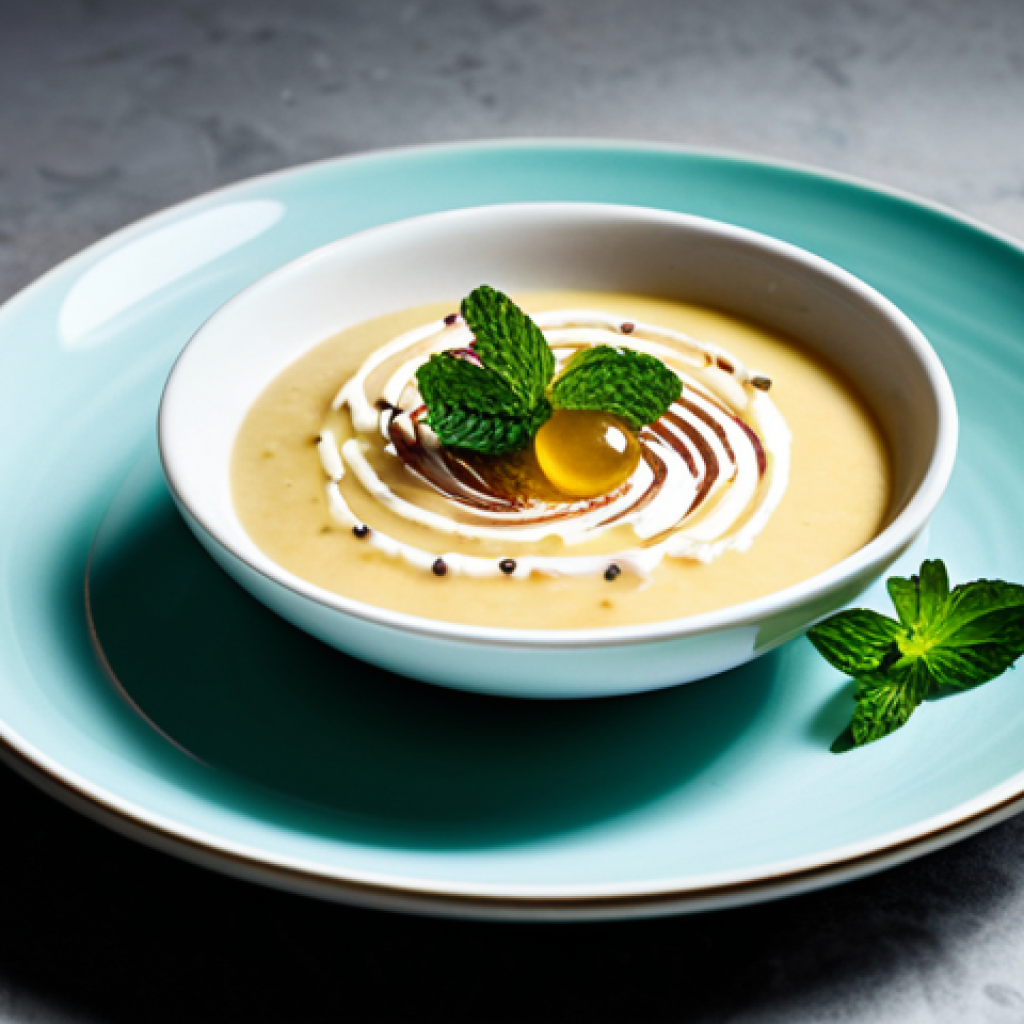 **

"Elegant plating of arroz con leche. Infused with Earl Grey tea and cardamom. Garnished with fresh mint and a delicate coulis swirl. Minimalist style. High-quality photography. professional"

**