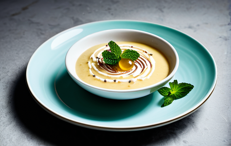 **

"Elegant plating of arroz con leche. Infused with Earl Grey tea and cardamom. Garnished with fresh mint and a delicate coulis swirl. Minimalist style. High-quality photography. professional"

**