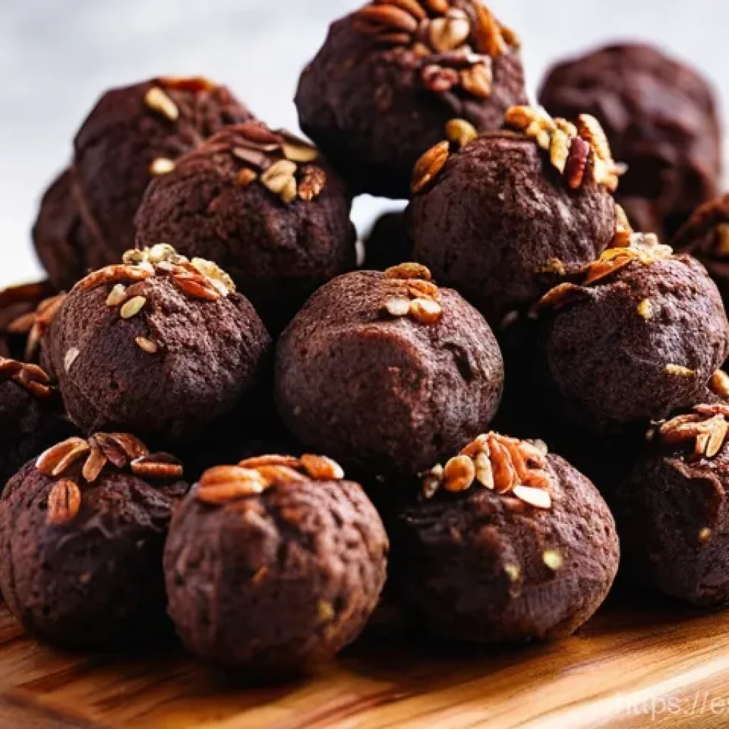 간단한 재료로 완성하는 건강 디저트 - **"Decadent Cocoa and Date Energy Truffles."**
    A close-up, high-angle shot of a rustic wooden se...