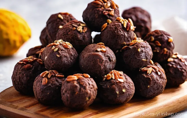 간단한 재료로 완성하는 건강 디저트 - **"Decadent Cocoa and Date Energy Truffles."**
    A close-up, high-angle shot of a rustic wooden se...