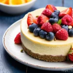 Home 20 물리적 건강을 위한 건강 디저트 - A close-up, high-angle shot of a vibrant, healthy vegan cashew cheesecake, artfully garnished with a...