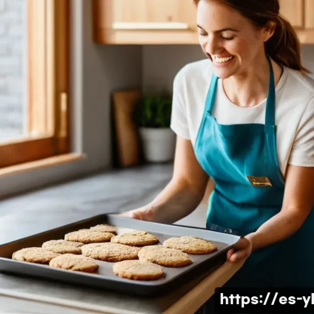 밀가루 대체재로 사용하는 다양한 선택지 - A warm and inviting kitchen scene. A smiling woman in her late 30s, dressed in a tasteful apron over...