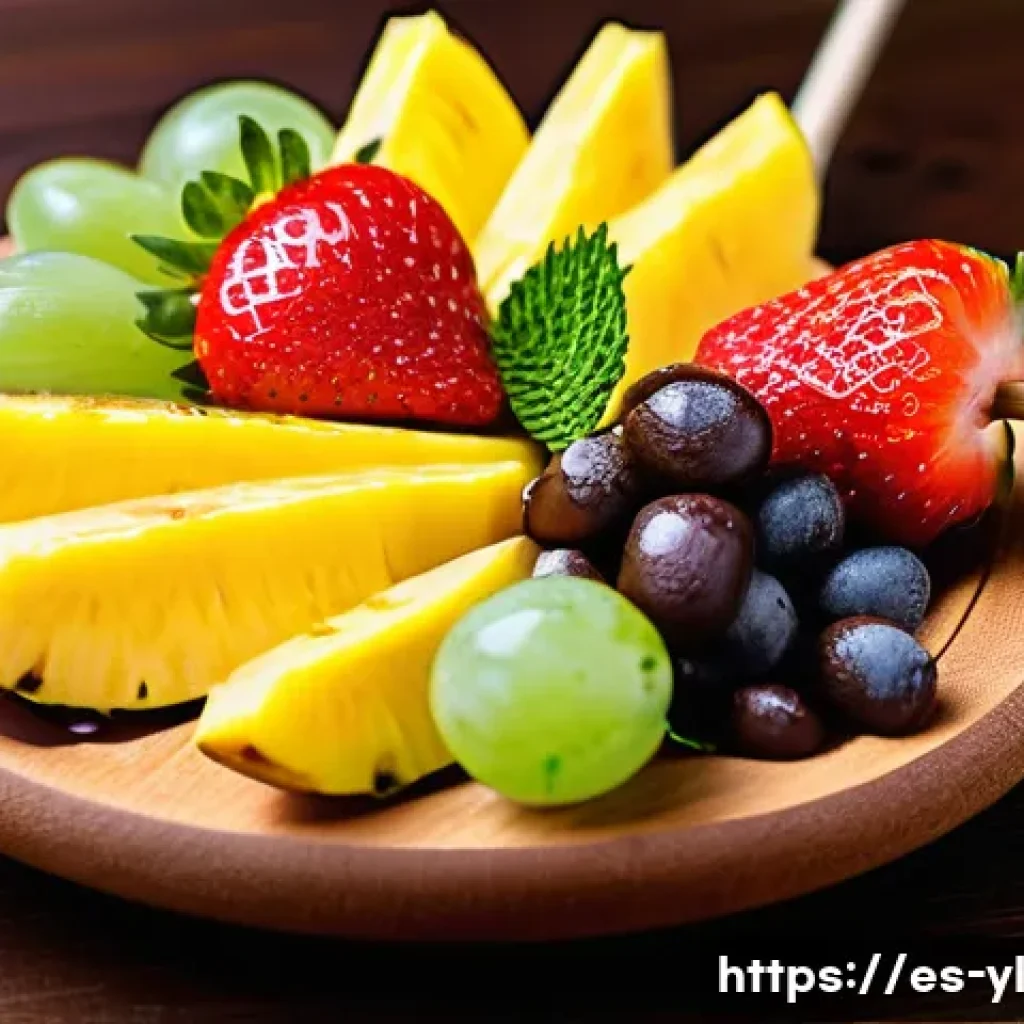 간편하게 만드는 건강 디저트 모음 - A vibrant, close-up image of a wooden skewer loaded with fresh fruit pieces including banana slices,...