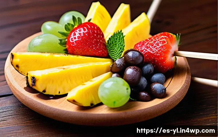 간편하게 만드는 건강 디저트 모음 - A vibrant, close-up image of a wooden skewer loaded with fresh fruit pieces including banana slices,...