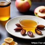 Home 21 설탕을 줄이는 건강 디저트 제작 방법 - A rustic kitchen scene featuring a wooden table with a variety of natural sweeteners: a glass jar of...