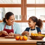 단맛을 줄이면서도 맛있는 디저트 만들기 - A vibrant kitchen scene featuring a family of diverse ages preparing healthy desserts together. The ...