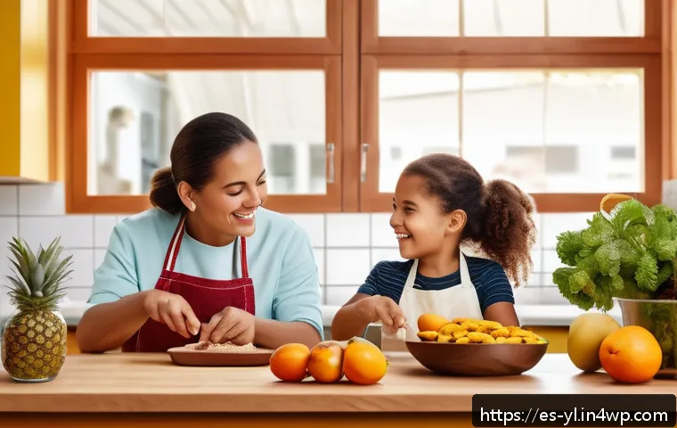 단맛을 줄이면서도 맛있는 디저트 만들기 - A vibrant kitchen scene featuring a family of diverse ages preparing healthy desserts together. The ...