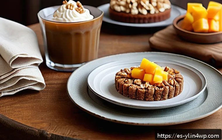 다양한 견과류를 활용한 디저트 아이디어 - A rustic wooden table setting featuring a variety of desserts incorporating toasted walnuts: a cream...