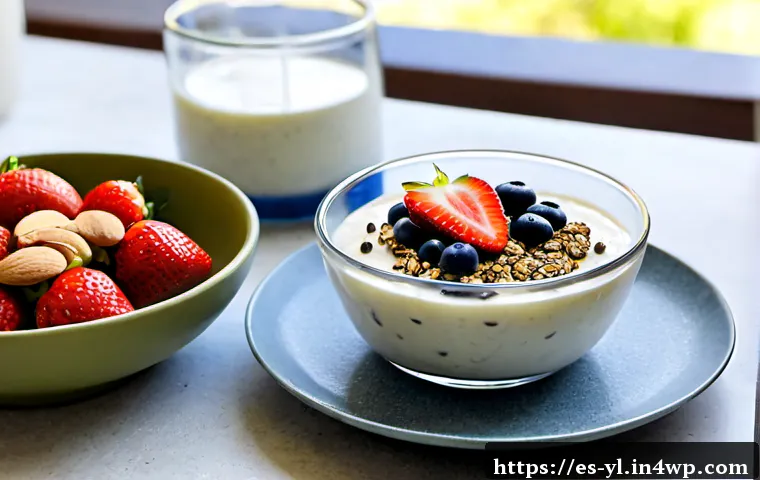 Home 30 고단백 건강 디저트의 장점 - Photorealistic high-protein healthy dessert scene on a bright Mediterranean kitchen table: a glass b...