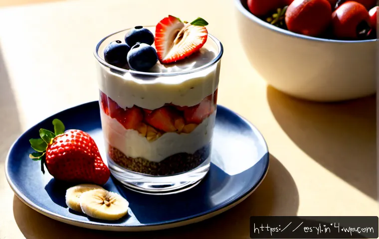 Home 17 영양가 높은 스낵으로서의 건강 디저트 - Photorealistic healthy dessert snack on a sunlit Mediterranean kitchen table: a small glass parfait ...