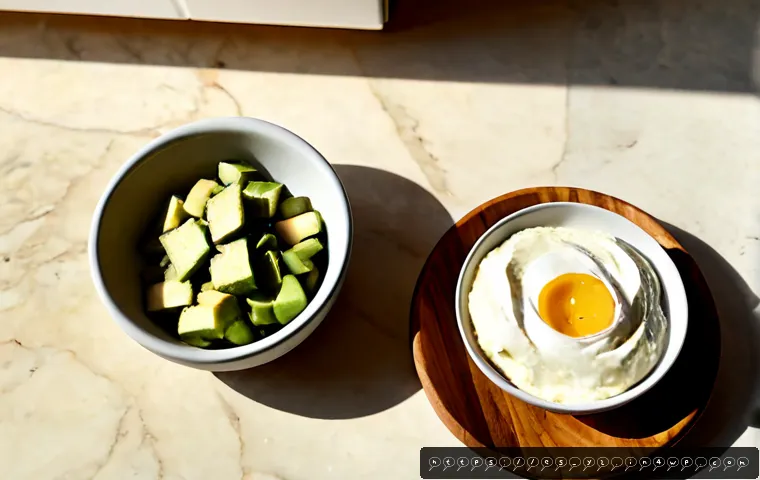 버터 대신 사용할 수 있는 건강한 대체재 - Photorealistic overhead kitchen scene comparing healthy butter substitutes: a small glass bowl of ex...